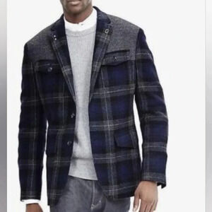 BANANA REPUBLIC Plaid Blue Grey Wool Sport Coat Blazer Preppy Size 40R Medium
